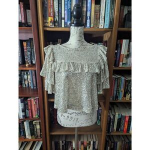 Free People Women’s Small Silver Sequin Dance Floor Ruffled Pullover Top Blouse